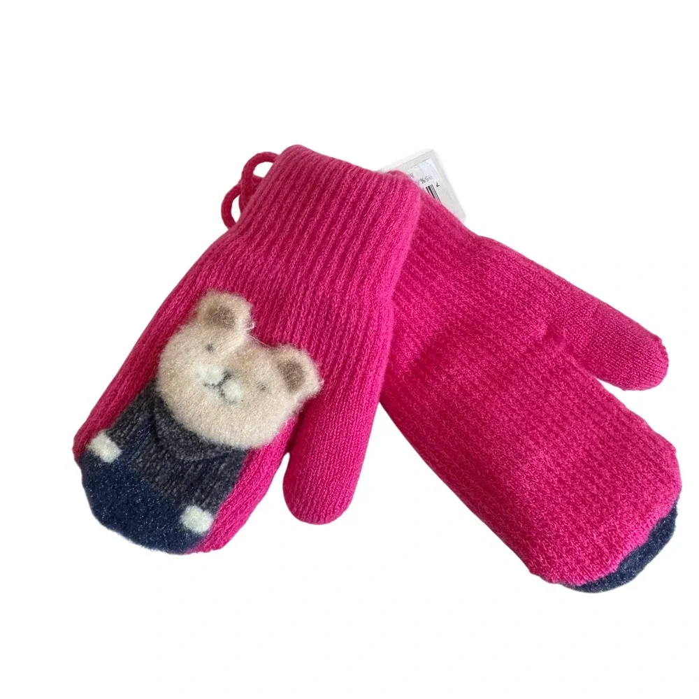 Toddler Kids Knit Mittens Hot Pink Bear Applique Winter Gloves with String NWT
